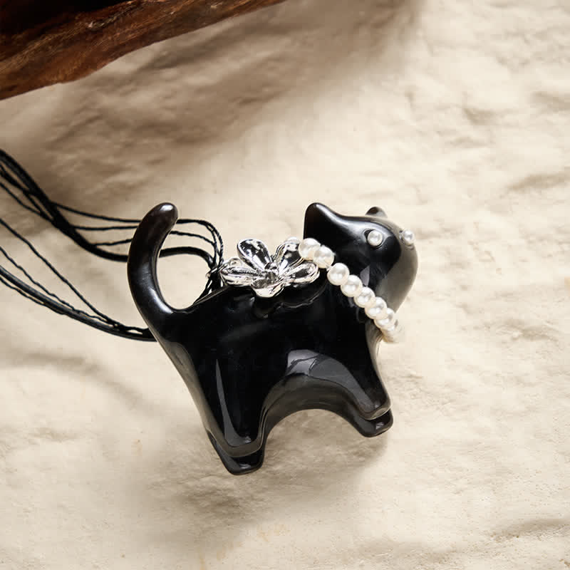 Buddha Stones Hars Zwart Bruine Kat Bloem Parel Kralen Ketting - image 7