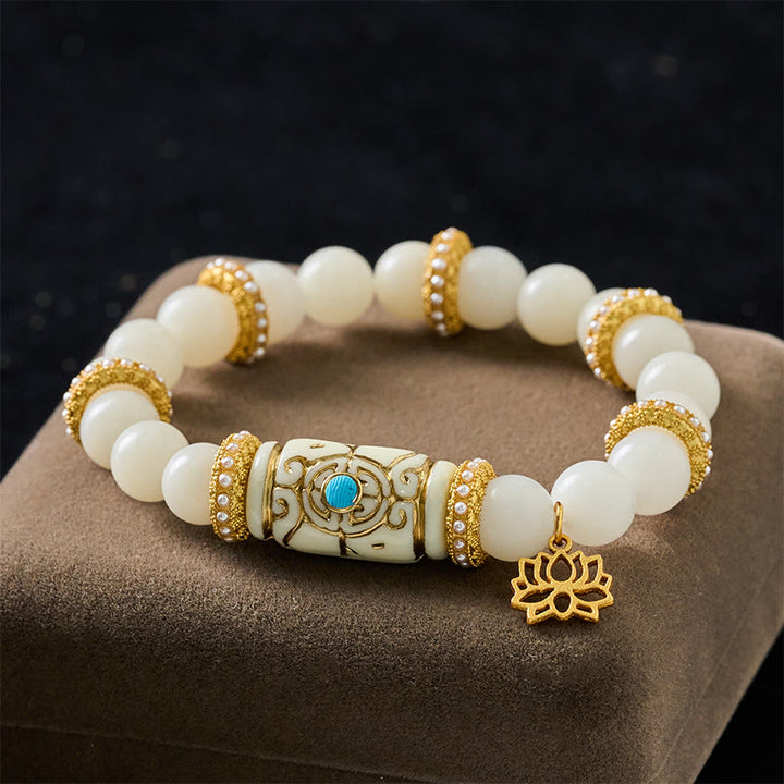 Buddha Stones Witte Bodhizaad hars tonvormige lotus hanger ronde Armband - Witte Bodhizaad (Polsomtrek: 16-17 cm) - image 0