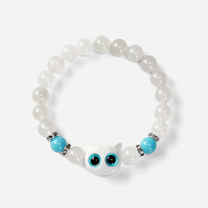 Buddha Stones Witte jade, zwarte obsidiaan, schattige kattenkop, zuiverheid Armband - image 9