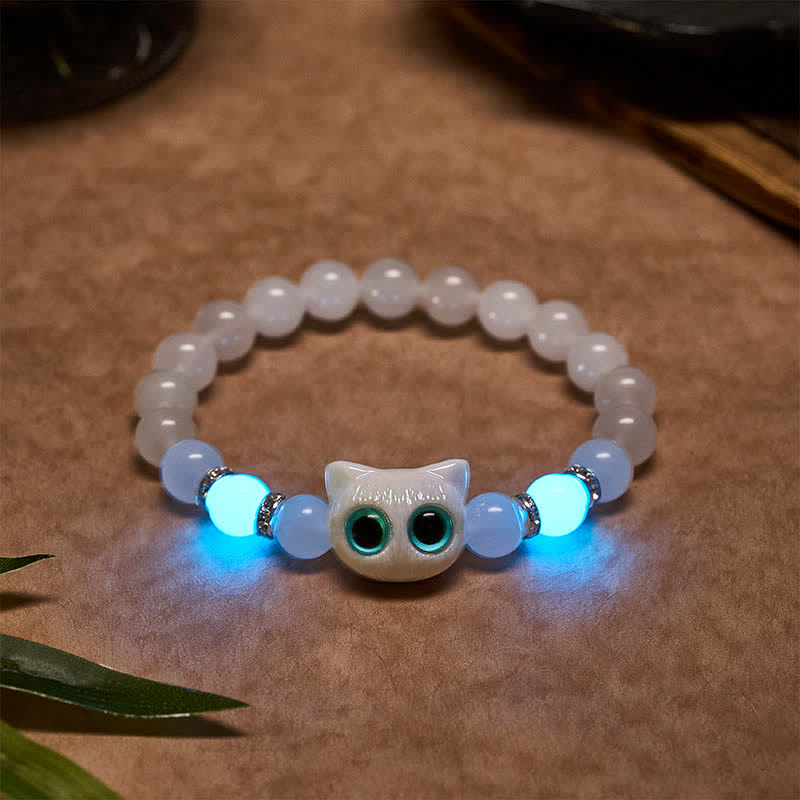 Buddha Stones Witte jade, zwarte obsidiaan, schattige kattenkop, zuiverheid Armband - Witte jade (Polsomtrek: 15-16 cm) - image 1