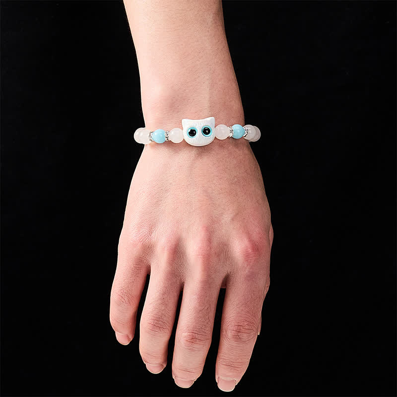 Buddha Stones Witte jade, zwarte obsidiaan, schattige kattenkop, zuiverheid Armband - image 5