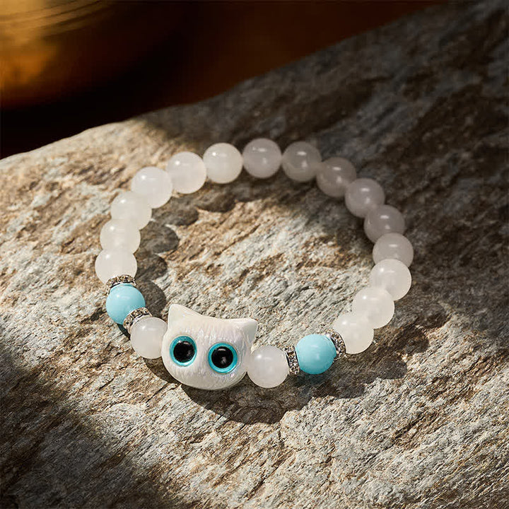 Buddha Stones Witte jade, zwarte obsidiaan, schattige kattenkop, zuiverheid Armband - image 3