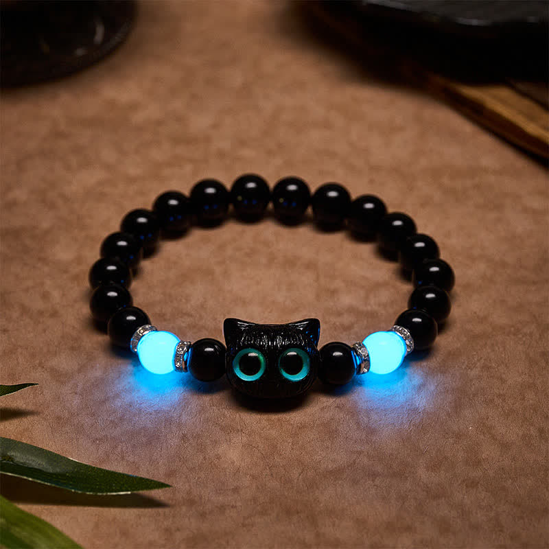 Buddha Stones Witte jade, zwarte obsidiaan, schattige kattenkop, zuiverheid Armband - Zwarte obsidiaan (Polsomtrek: 15-16 cm) - image 13