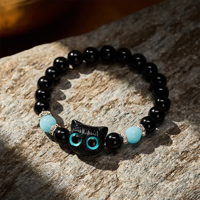 Buddha Stones Witte jade, zwarte obsidiaan, schattige kattenkop, zuiverheid Armband - image 15