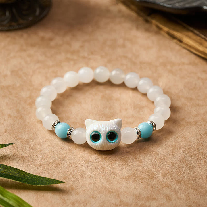 Buddha Stones Witte jade, zwarte obsidiaan, schattige kattenkop, zuiverheid Armband - image 8
