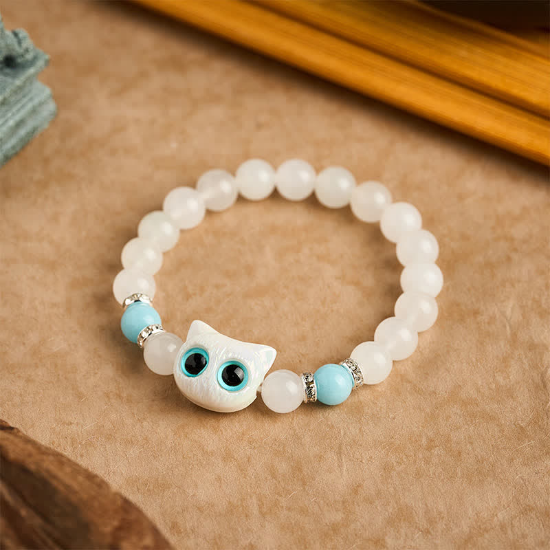 Buddha Stones Witte jade, zwarte obsidiaan, schattige kattenkop, zuiverheid Armband - image 2