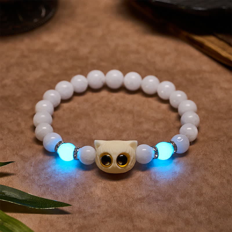 Buddha Stones Armband met kralen van zwarte obsidiaan, witte chalcedoon en een kattenkop met grote ogen. - Witte chalcedoon (Polsomtrek: 15-16 cm) - 8mm - image 1