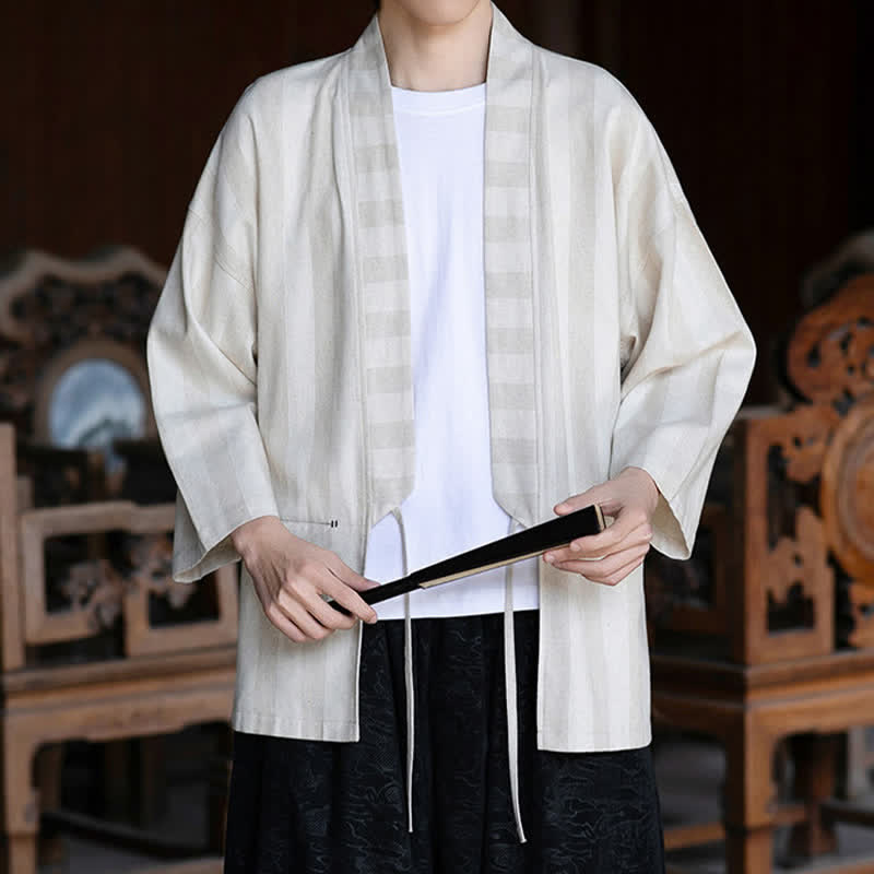 Buddha Stones Lente/Zomer Casual Tang Stijl Kimono met Trekkoord, Effen Katoen/Linnen, Driekwart mouw Mouwen en Zak - image 1