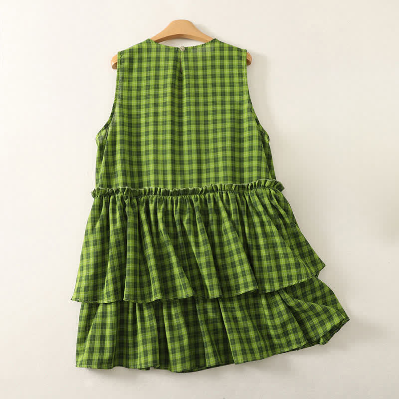 Buddha Stones Zomerse casual groene geruite katoenen tanktop met ruches, Mouwloos Overhemden - image 1