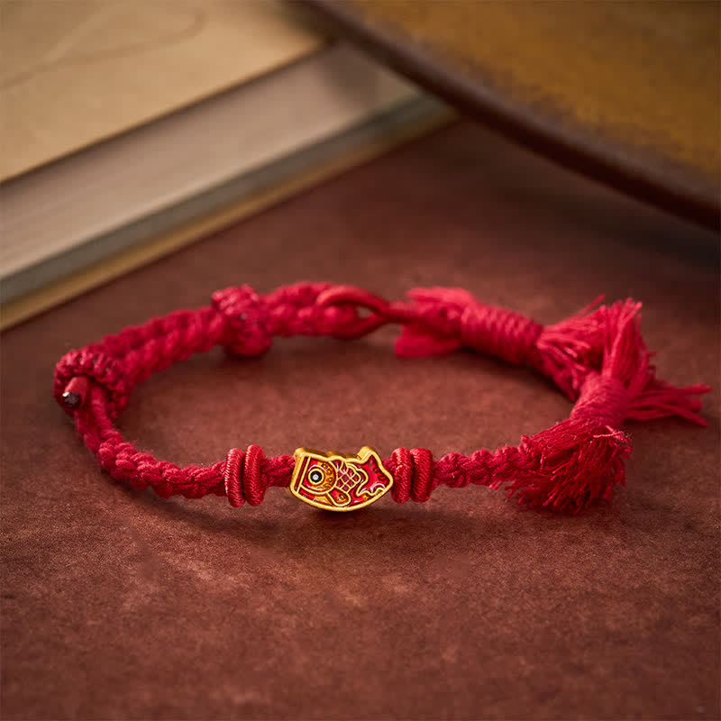 Buddha Stones Gelukbrengende rode Armband met koi-vis - Donkerrode koord - image 0