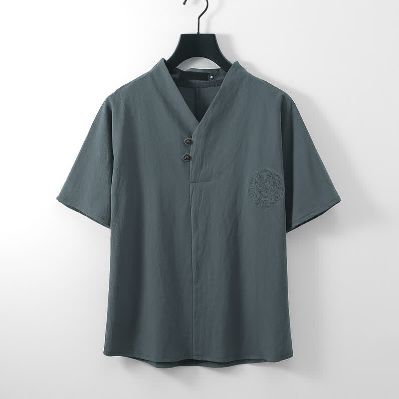 Buddha Stones 2-delige zomerse Tang-stijl casual geborduurde effen katoen-linnen shirt met Korte mouw, geschikt voor meditatie, met zak - image 1