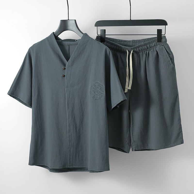 Buddha Stones 2-delige zomerse Tang-stijl casual geborduurde effen katoen-linnen shirt met Korte mouw, geschikt voor meditatie, met zak - Donkergrijs - US/UK/AU54, EU64 (9XL) - image 0