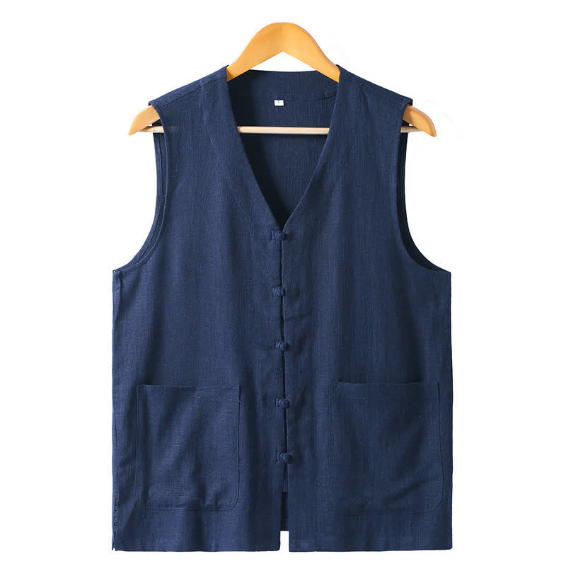 Buddha Stones Zomerse Tang-stijl casual tanktop met kikkerknopen en V-hals, Mouwloos Overhemden voor heren met Zakken - Marine - US/UK/AU46, EU56 (5XL) - image 0