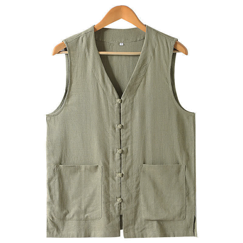 Buddha Stones Zomerse Tang-stijl casual tanktop met kikkerknopen en V-hals, Mouwloos Overhemden voor heren met Zakken - Donker kaki - US/UK/AU46, EU56 (5XL) - image 1
