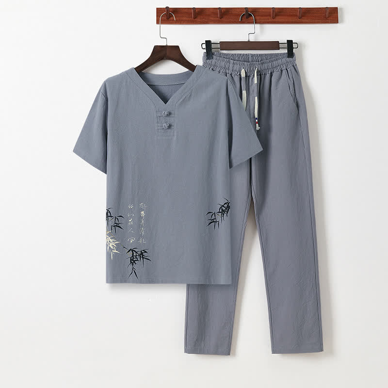 Buddha Stones 2-delige zomerse Tang-stijl casual kleding met kikkerknopen en bamboeprint, gemaakt van katoen en linnen, met Korte mouw, shirt en broek, geschikt voor meditatie, met Zakken. - Gainsboro - US/UK/AU46, EU56 (5XL) - image 0