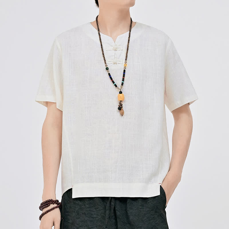 Buddha Stones Zomerse Tang-stijl minimalistische Overhemden met ronde hals en twee kikkerknopen , Ronde hals, Korte mouw. - Wit - US/UK/AU46, EU56 (5XL) - image 0