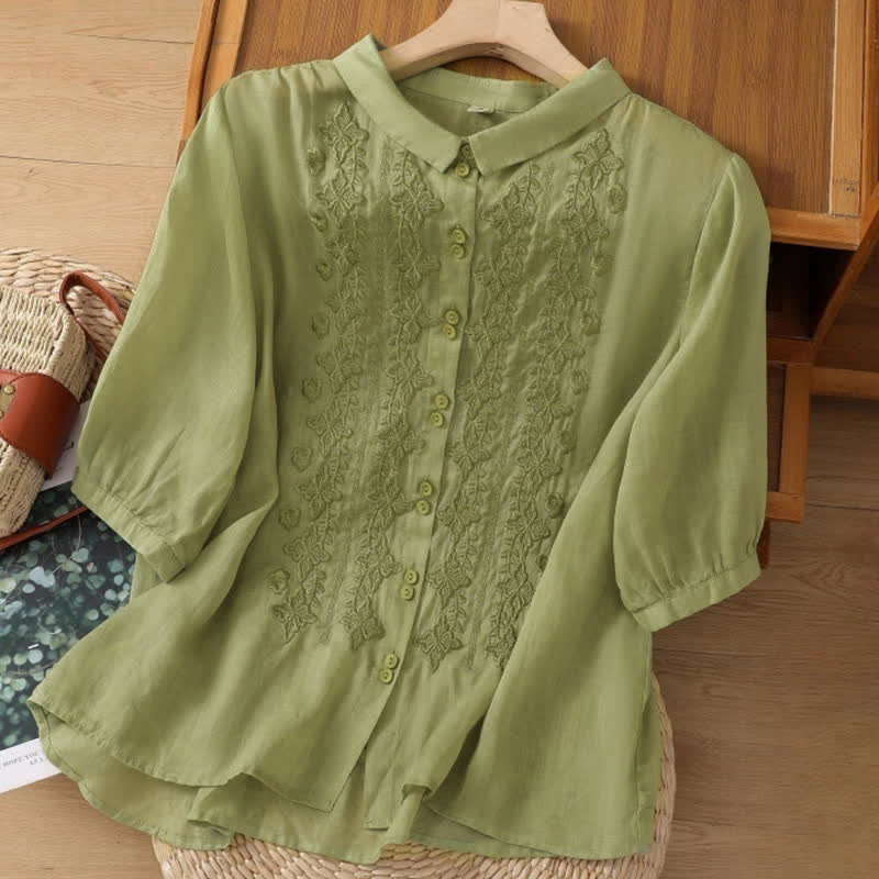 Buddha Stones Zomerse effen damesblouse met knoopjes, geborduurd bloemenpatroon, driekwartmouwen en Mouwlengte - image 1