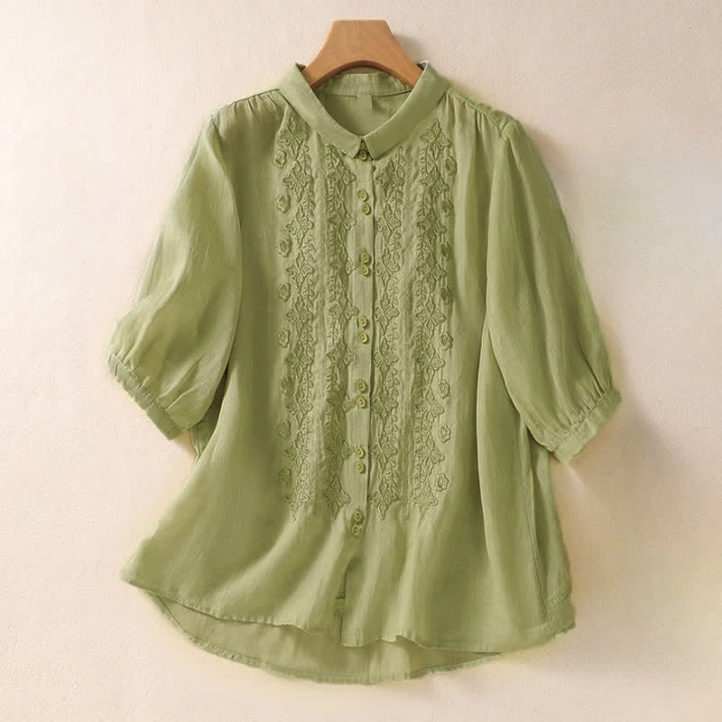 Buddha Stones Zomerse effen damesblouse met knoopjes, geborduurd bloemenpatroon, driekwartmouwen en Mouwlengte - Lichtgroen - US8-10，UK/AU12-14，EU40-42 (2XL) - image 0