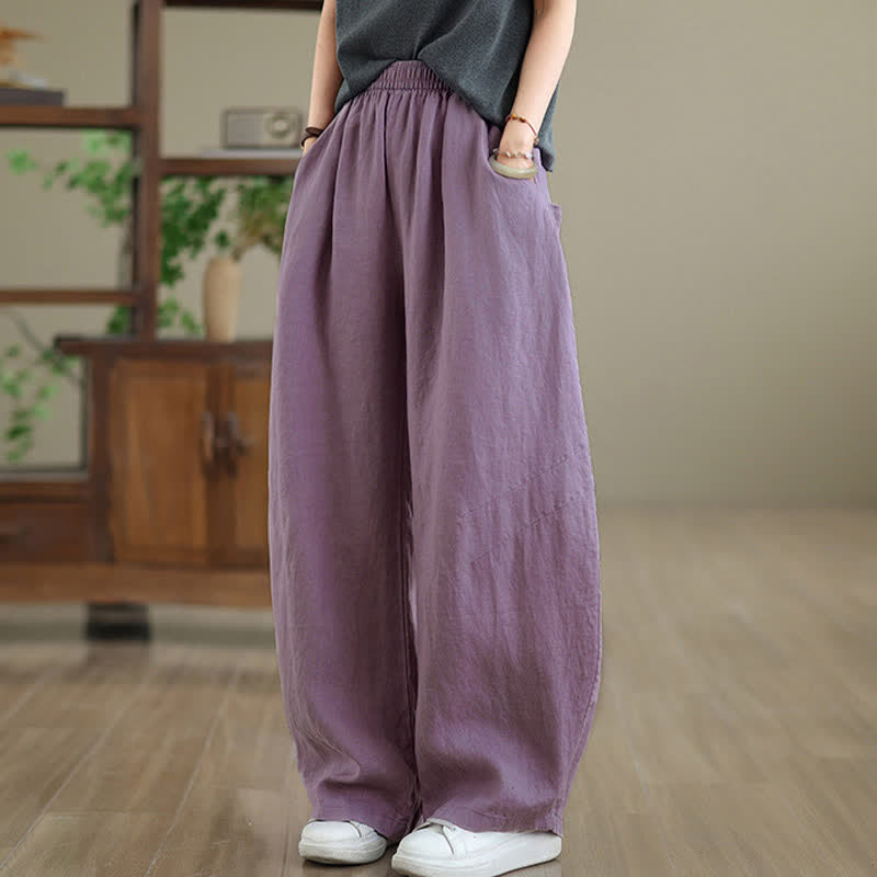 Buddha Stones Casual effen katoenen damesbroek met wijde pijpen en Zakken - image 1