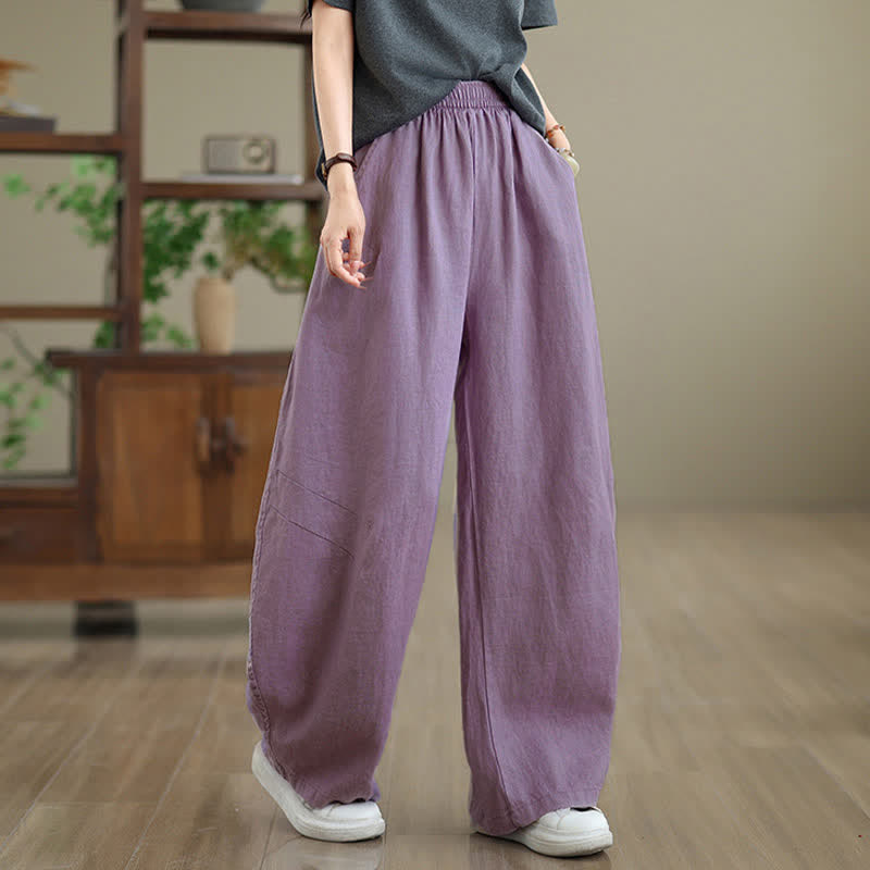Buddha Stones Casual effen katoenen damesbroek met wijde pijpen en Zakken - Pruim - US12, UK/AU16, EU44 (3XL) - image 0