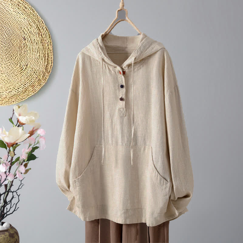 Buddha Stones Dameshoodie met Lange mouw, effen knoopjes en Zakken. - Beige - US8-10，UK/AU12-14，EU40-42 (2XL) - image 0