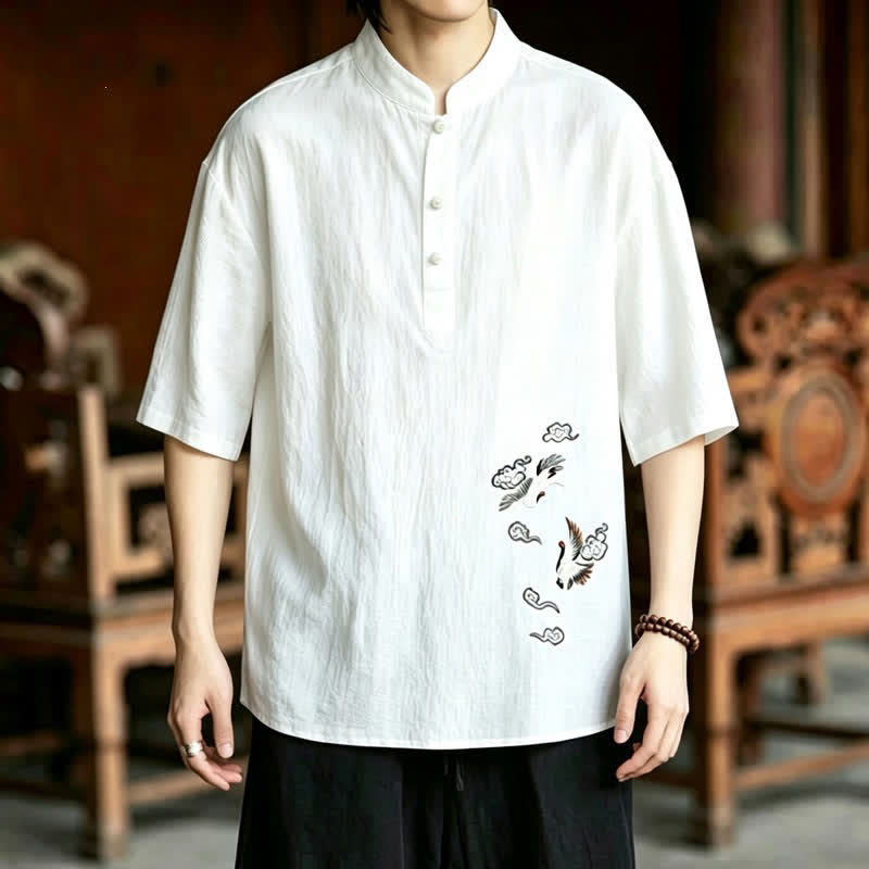 Buddha Stones Zomerse Tang-stijl casual Korte mouw met Mandarin kraag en Overhemden . - image 1