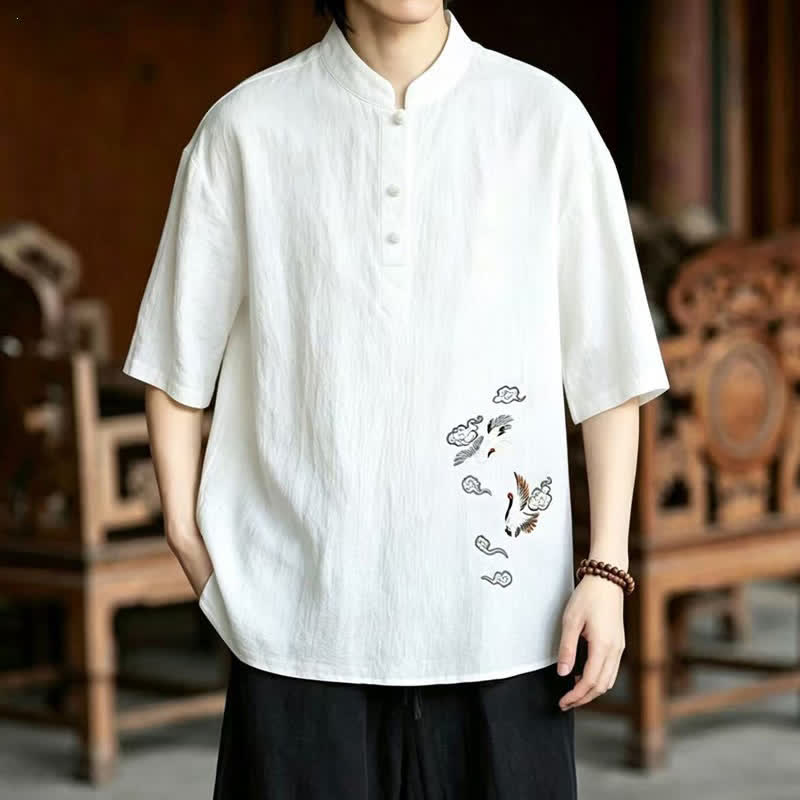 Buddha Stones Zomerse Tang-stijl casual Korte mouw met Mandarin kraag en Overhemden . - Wit - US/UK/AU48, EU58 (6XL) - image 0