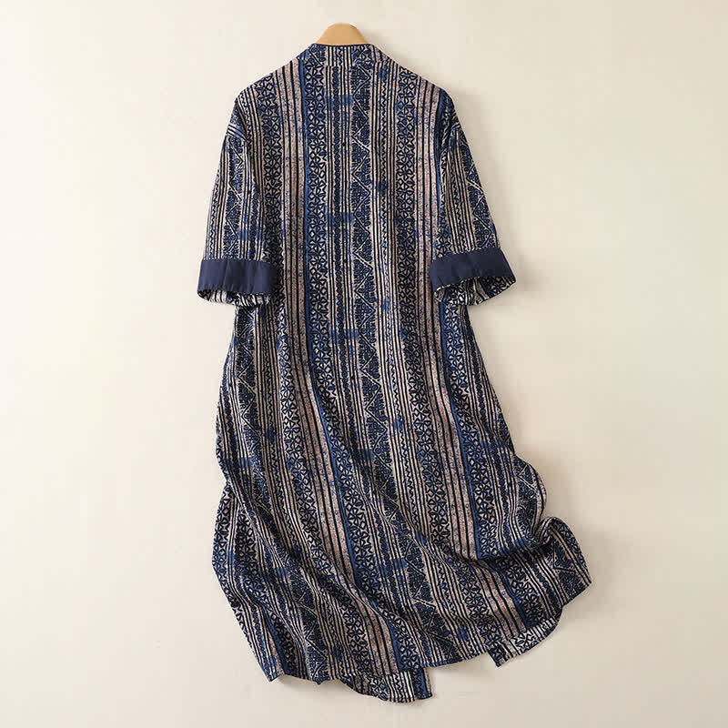 Buddha Stones Zomerse Tang-stijl boho-jurk voor dames met Mandarin kraag, geometrische print, Driekwart mouw en zakken. - image 1