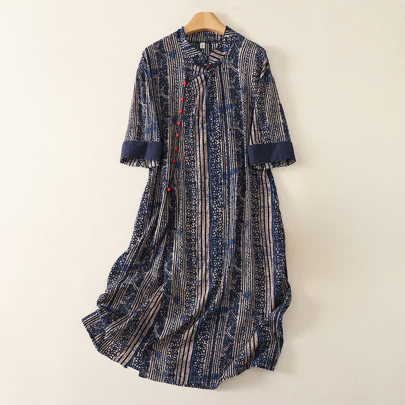 Buddha Stones Zomerse Tang-stijl boho-jurk voor dames met Mandarin kraag, geometrische print, Driekwart mouw en zakken. - image 0