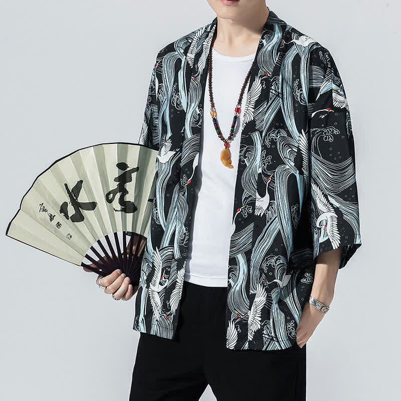 Buddha Stones Zomerse casual vintage open kimono voor heren met kraanvogel- en golfprint - Zwart - US/UK/AU46, EU56 (5XL) - image 0