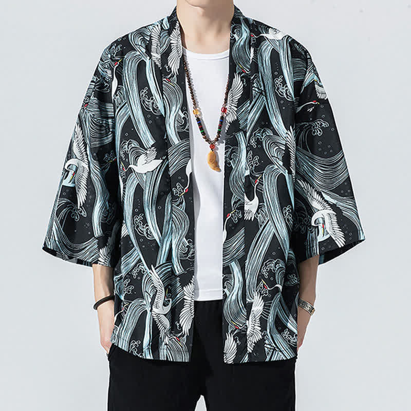 Buddha Stones Zomerse casual vintage open kimono voor heren met kraanvogel- en golfprint - image 1