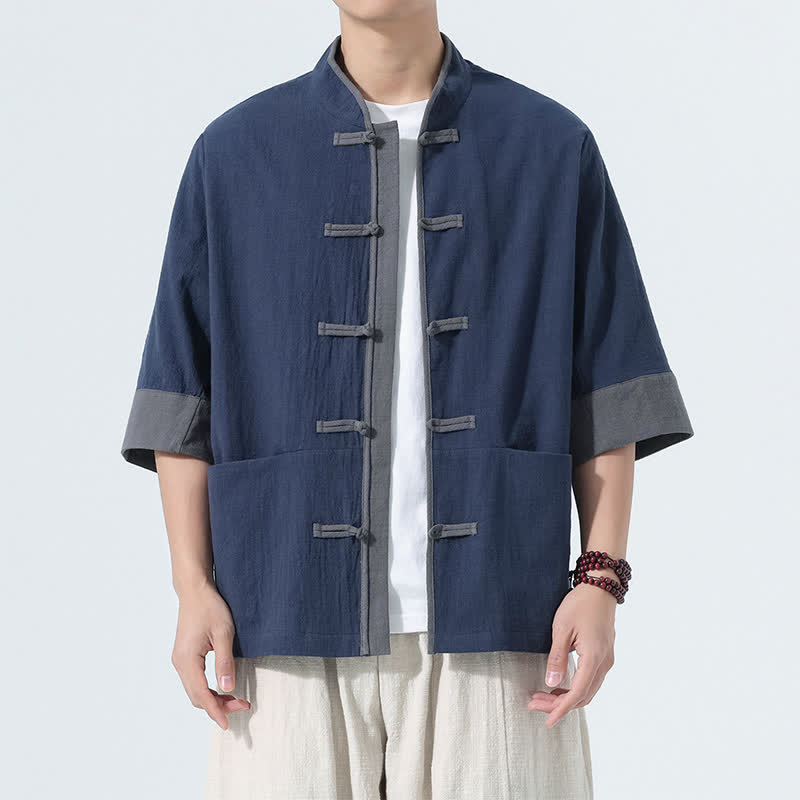 Buddha Stones Zomerse casual Overhemden met Korte mouw en zakje, in Tang-stijl met kikkerknopen en effen katoenen details. - Marine - US/UK/AU46, EU56 (5XL) - image 0