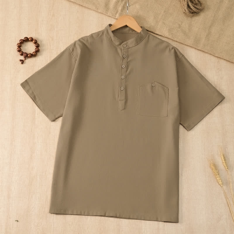 Buddha Stones Zomerse casual Tang-stijl Overhemden met Mandarin kraag, effen kleur, Korte mouw en zak - Bruinen - US/UK/AU42, EU52 (3XL) - image 0