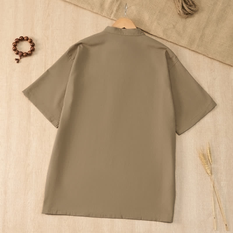 Buddha Stones Zomerse casual Tang-stijl Overhemden met Mandarin kraag, effen kleur, Korte mouw en zak - image 1