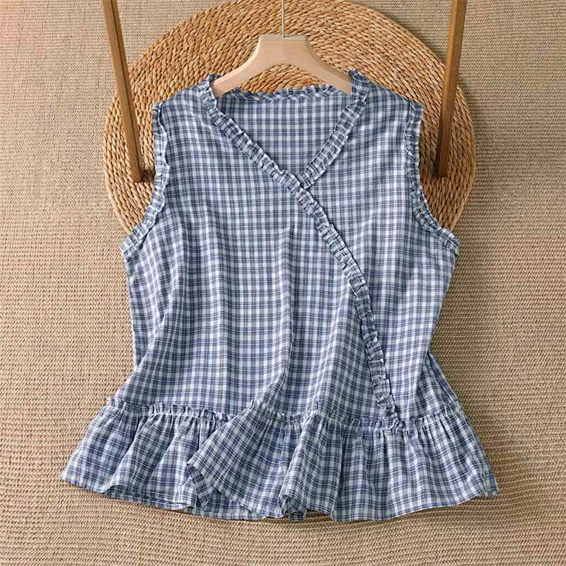 Buddha Stones Zomerse casual vintage tanktop met ruches en V-hals, geruite print , Mouwloos T-shirts voor dames - Lichtstaalblauw - US6, UK/AU10, EU38 (M) - image 0