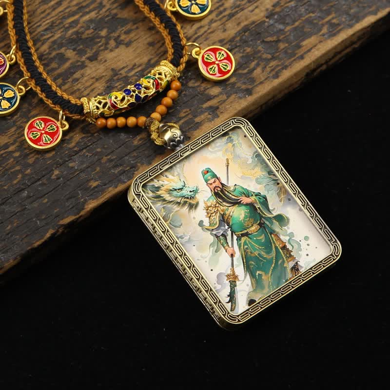 Buddha Stones Koperen Heer Guan Bescherming Gevlochten Kwastje Thangka Ketting - Groene Thangka van Heer Guan, volledig lichaam - image 0