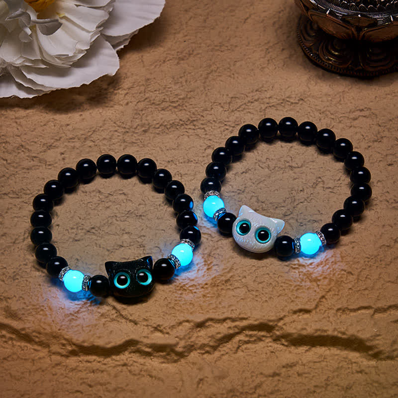 Buddha Stones Zwarte obsidiaan Armband met schattige grote ogen en kralen ter bescherming van een kat - image 0