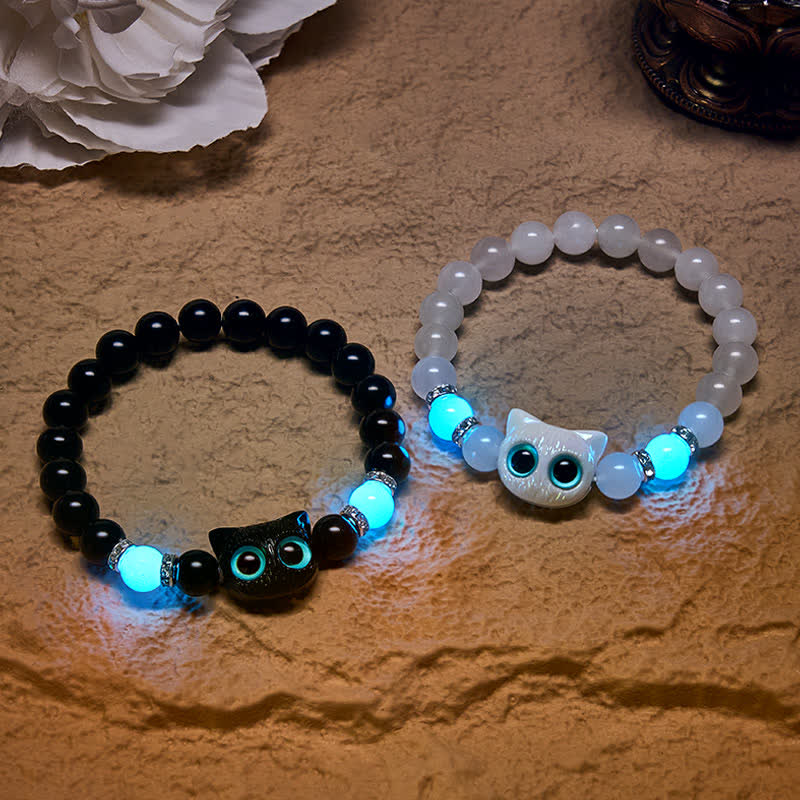 Buddha Stones Witte jade, zwarte obsidiaan, schattige kattenkop, zuiverheid Armband - image 0