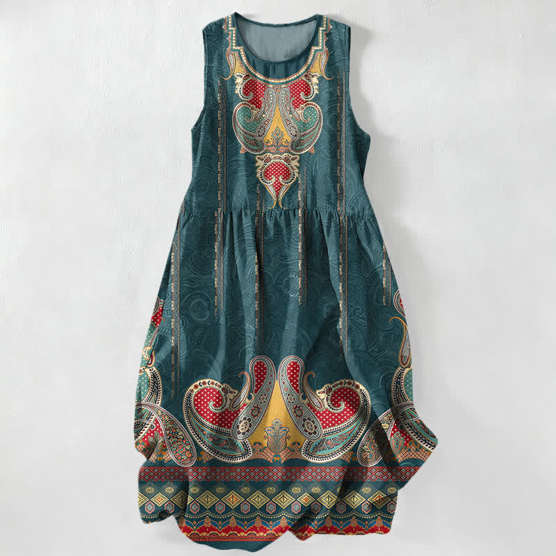 Buddha Stones Zomerse casual Perzische Midi -jurk met randmotief , Mouwloos en met Zakken. - Teal - US16, UK/AU20, EU48 (3XL) - image 0