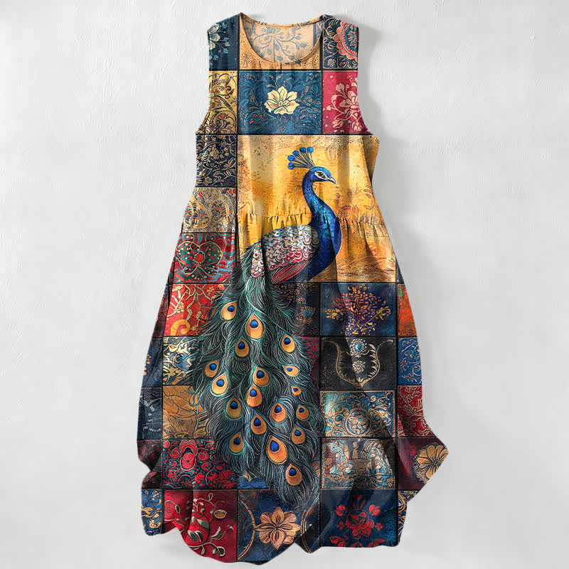 Buddha Stones Zomerse casual Mouwloos Midi -jurk voor dames met pauwenpatchworkpatroon en Zakken. - Staalblauw - US16, UK/AU20, EU48 (3XL) - image 0