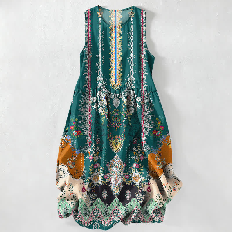 Buddha Stones Zomerse casual vintage Midi voor dames met bloemen, medaillons en bladeren , Mouwloos en met Zakken. - Teal - US16, UK/AU20, EU48 (3XL) - image 0