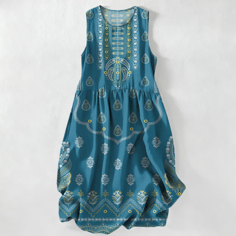 Buddha Stones Zomerse casual Midi -jurk voor dames met paisley- en medaillonpatroon, Mouwloos en met Zakken. - Teal - US16, UK/AU20, EU48 (3XL) - image 0