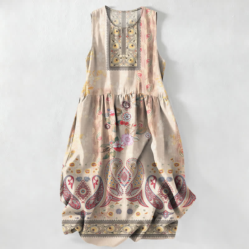 Buddha Stones Zomerse casual vintage Midi voor dames met bloemen, medaillons en bladeren , Mouwloos en met Zakken. - OldLace - US16, UK/AU20, EU48 (3XL) - image 0