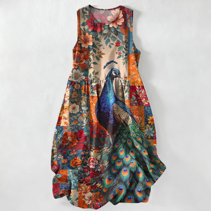 Buddha Stones Zomerse casual Mouwloos Midi -jurk voor dames met pauwen- en bloemenpatchworkpatroon en Zakken. - Koraal - US16, UK/AU20, EU48 (3XL) - image 0