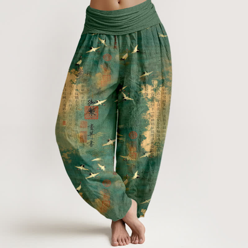 Buddha Stones Dames harembroek met elastische Taille en gouden kraanvogelmotief en kalligrafiepatroon. - Zeegroen - US16, UK/AU20, EU48 (3XL) - image 0