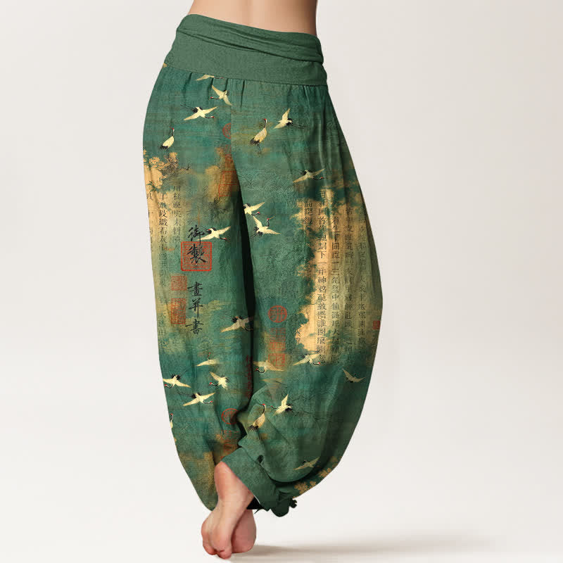 Buddha Stones Dames harembroek met elastische Taille en gouden kraanvogelmotief en kalligrafiepatroon. - image 2