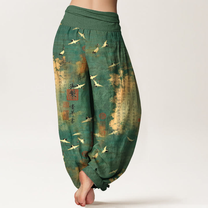 Buddha Stones Dames harembroek met elastische Taille en gouden kraanvogelmotief en kalligrafiepatroon. - image 2