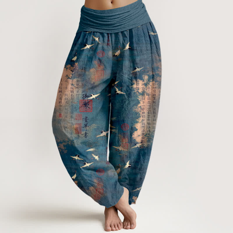 Buddha Stones Dames harembroek met elastische Taille en gouden kraanvogelmotief en kalligrafiepatroon. - Staalblauw - US16, UK/AU20, EU48 (3XL) - image 5