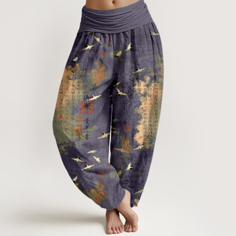 Buddha Stones Dames harembroek met elastische Taille en gouden kraanvogelmotief en kalligrafiepatroon. - Leisteenblauw - US16, UK/AU20, EU48 (3XL) - image 8