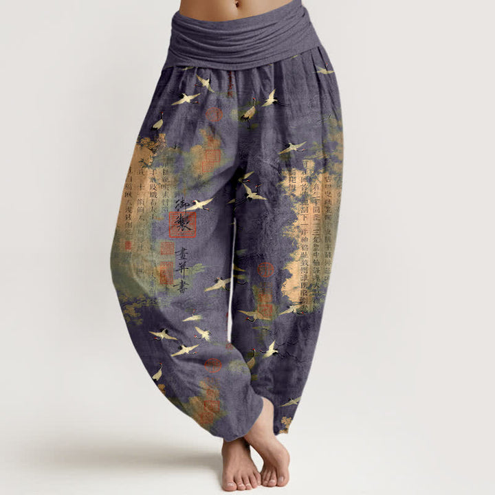 Buddha Stones Dames harembroek met elastische Taille en gouden kraanvogelmotief en kalligrafiepatroon. - Leisteenblauw - US16, UK/AU20, EU48 (3XL) - image 8